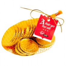 80G MIXED CHOCOLATE COINS BAG WITH GOLD ELASTIC RIBBON TIED IN A BOW