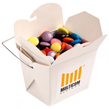 WHITE CARDBOARD NOODLE BOX FILLED WITH CHOC BEANS SMARTIE LOOK ALIKE 100G
