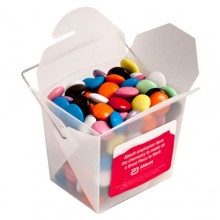 FROSTED PP NOODLE BOX FILLED WITH CHOC BEANS (SMARTIE LOOK ALIKE) 100G