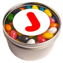 SMALL ROUND ACRYLIC WINDOW TIN FILLLED WITH JELLY BEANS (Mixed Colours or Corporate Colours)